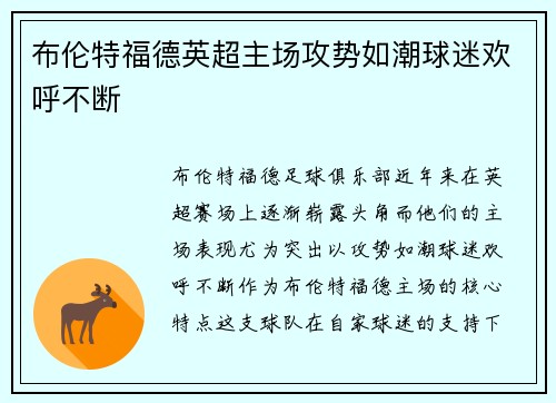 布伦特福德英超主场攻势如潮球迷欢呼不断